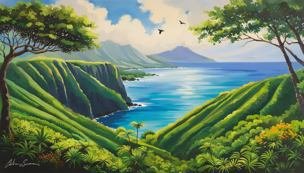 A serene image of Maui with lush green forests and a bird soaring in the sky