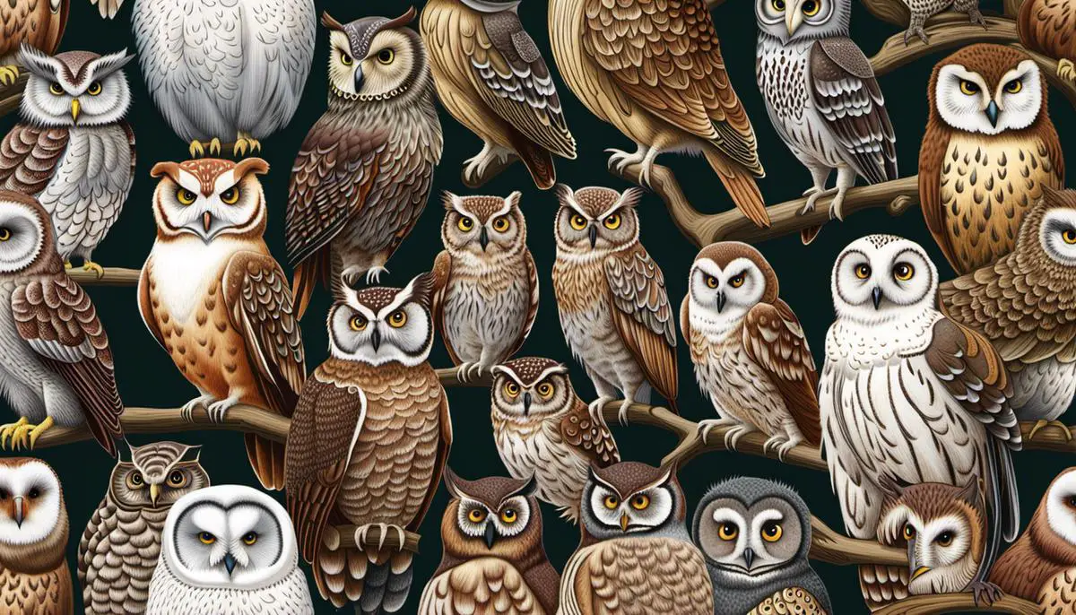 Illustration of different owl species in Michigan in their natural habitats