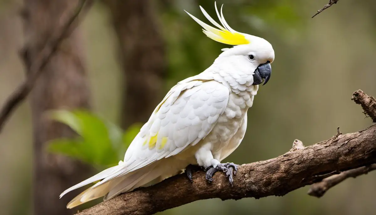 A white Sulphur-crested Cockatoo with a distinct mohawk crest, sitting on a tree branch.