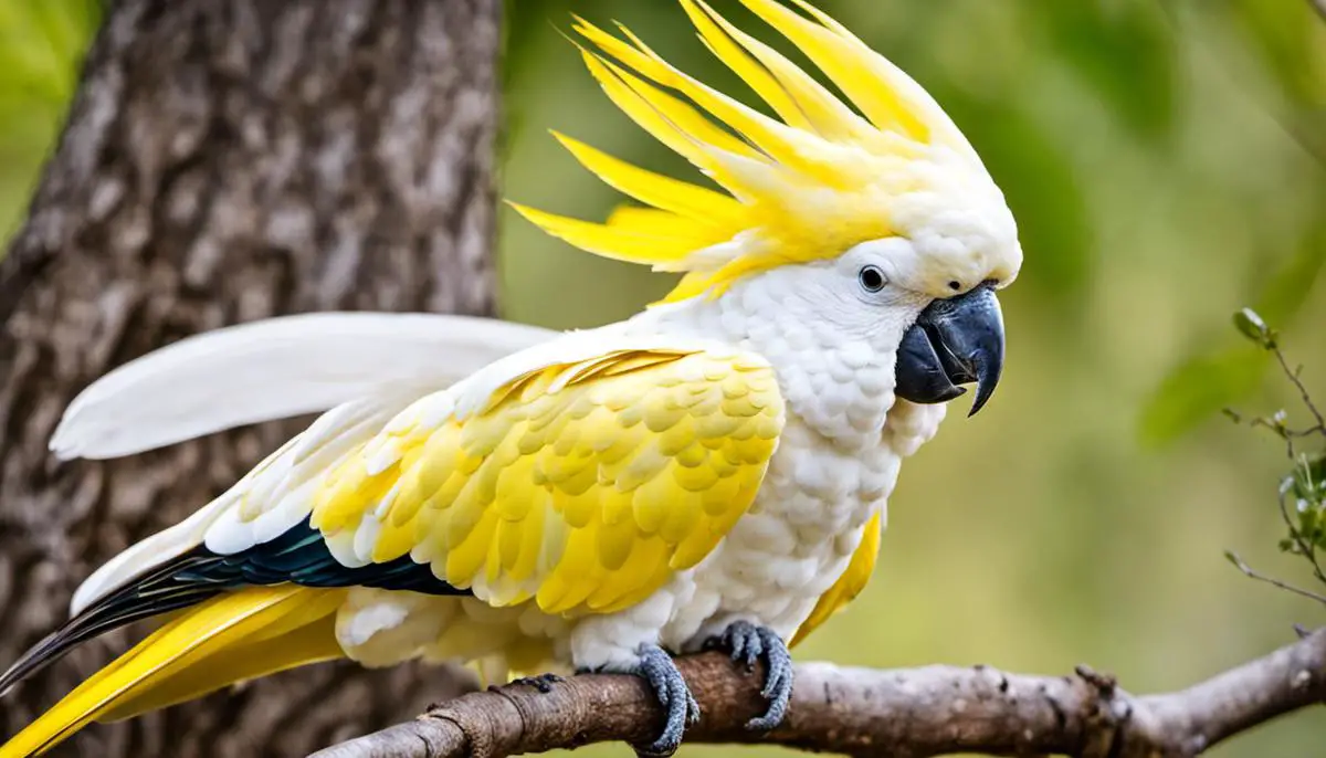 A white Cockatoo with a vibrant yellow mohawk perched on a tree branch.