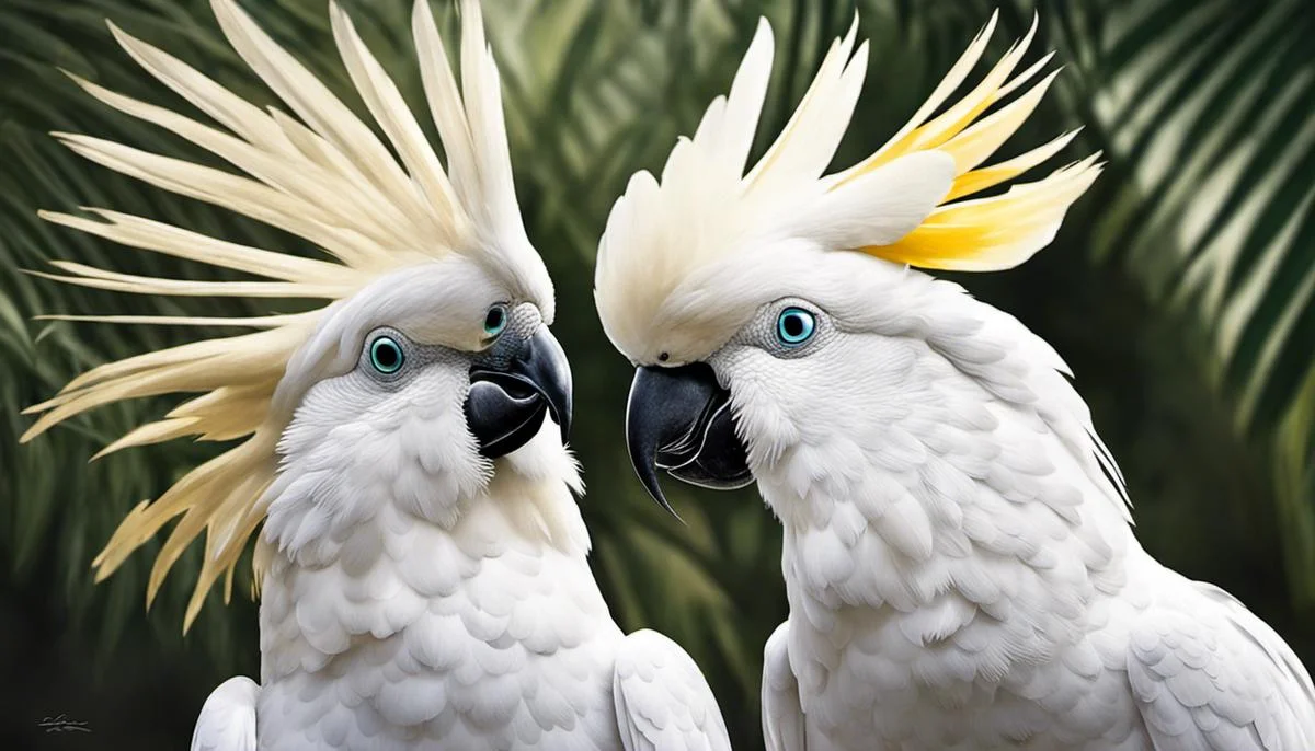 Illustration of White Cockatoos with mohawks, showcasing their unique crests resembling a mohawk hairstyle.